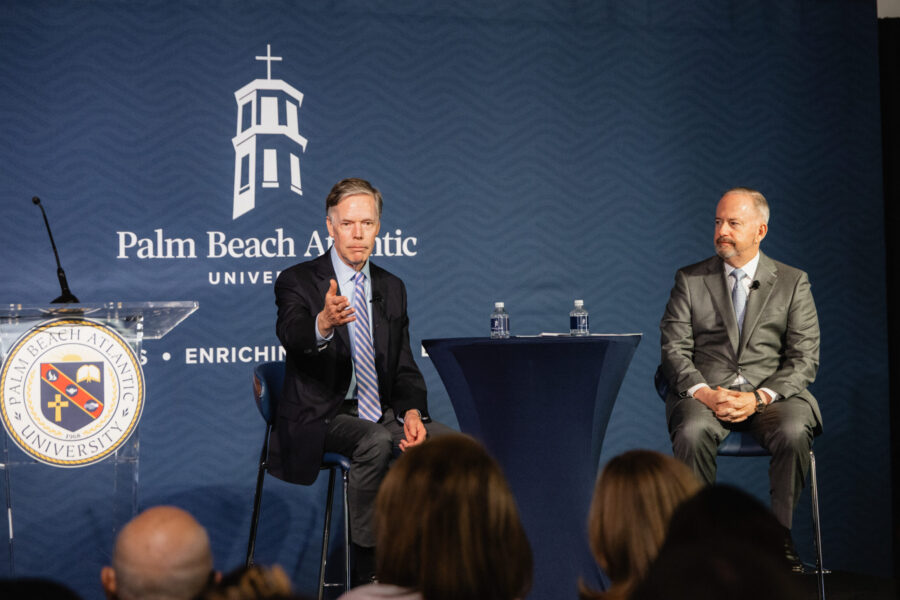 Former U.S. Ambassador Nicholas Burns (left) and Senator George LeMieux (right) at Palm Beach Atlantic University’s LeMieux Speaker Series on Iran, China, and international diplomacy.