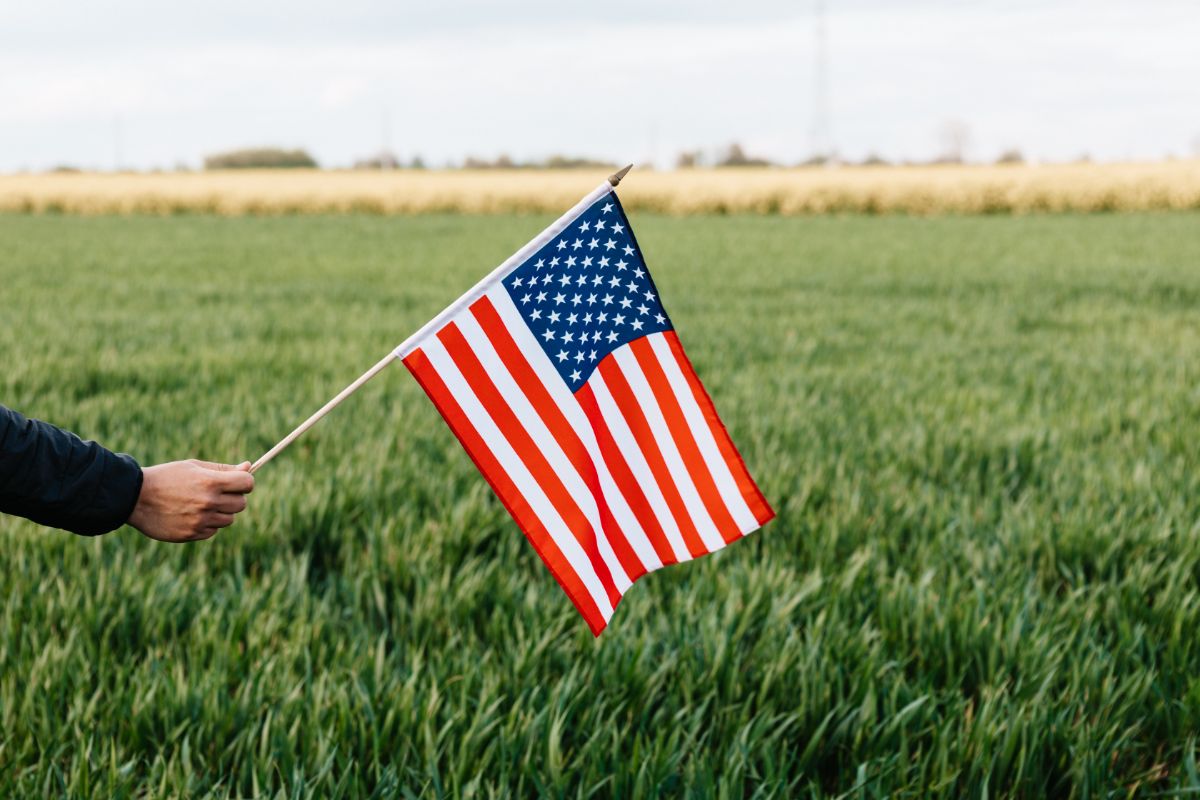 Person holding an American flag on a field. Photo credit: Karola G from Pexels, Canva