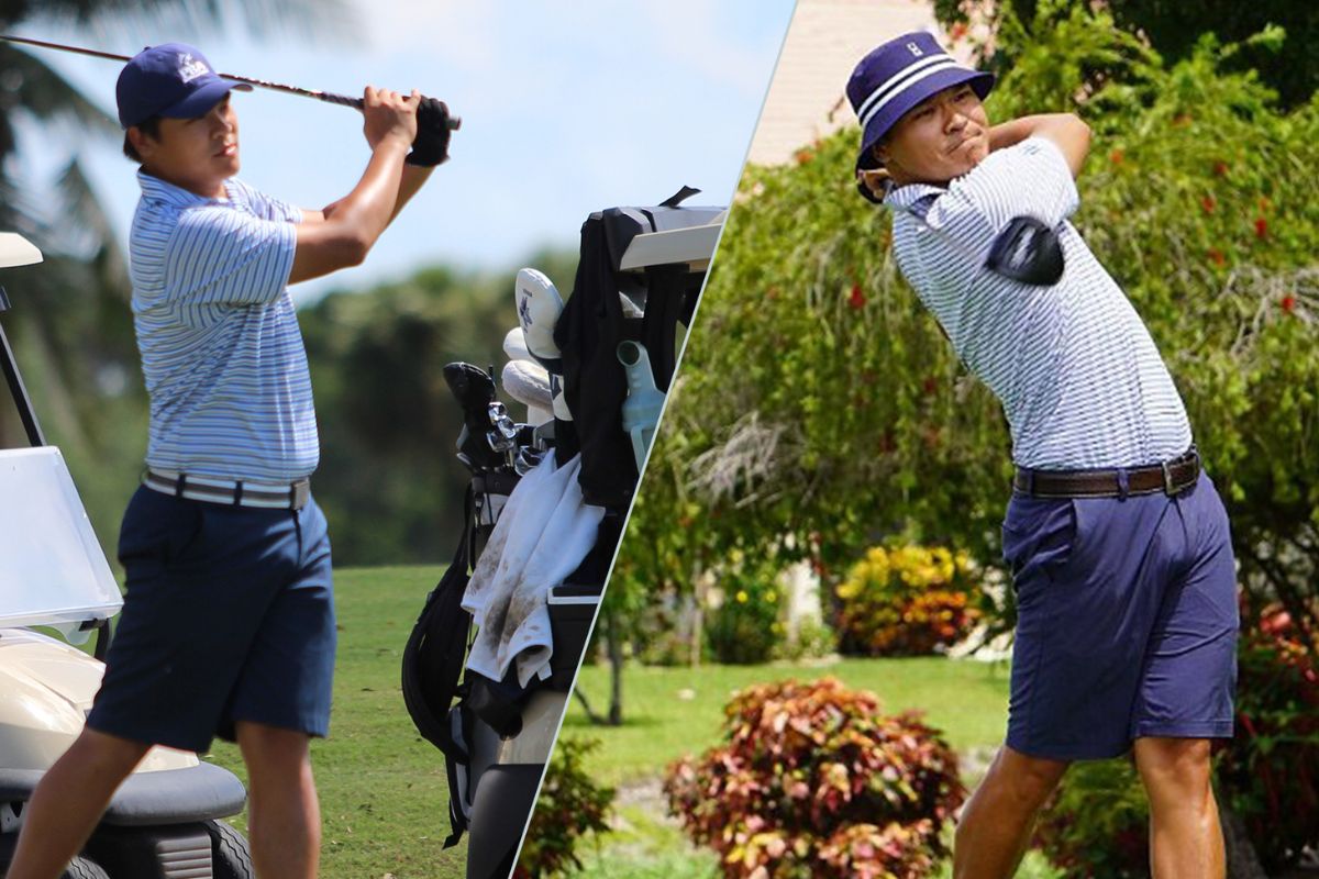 David Liu swings a golf club at multiple tournaments.